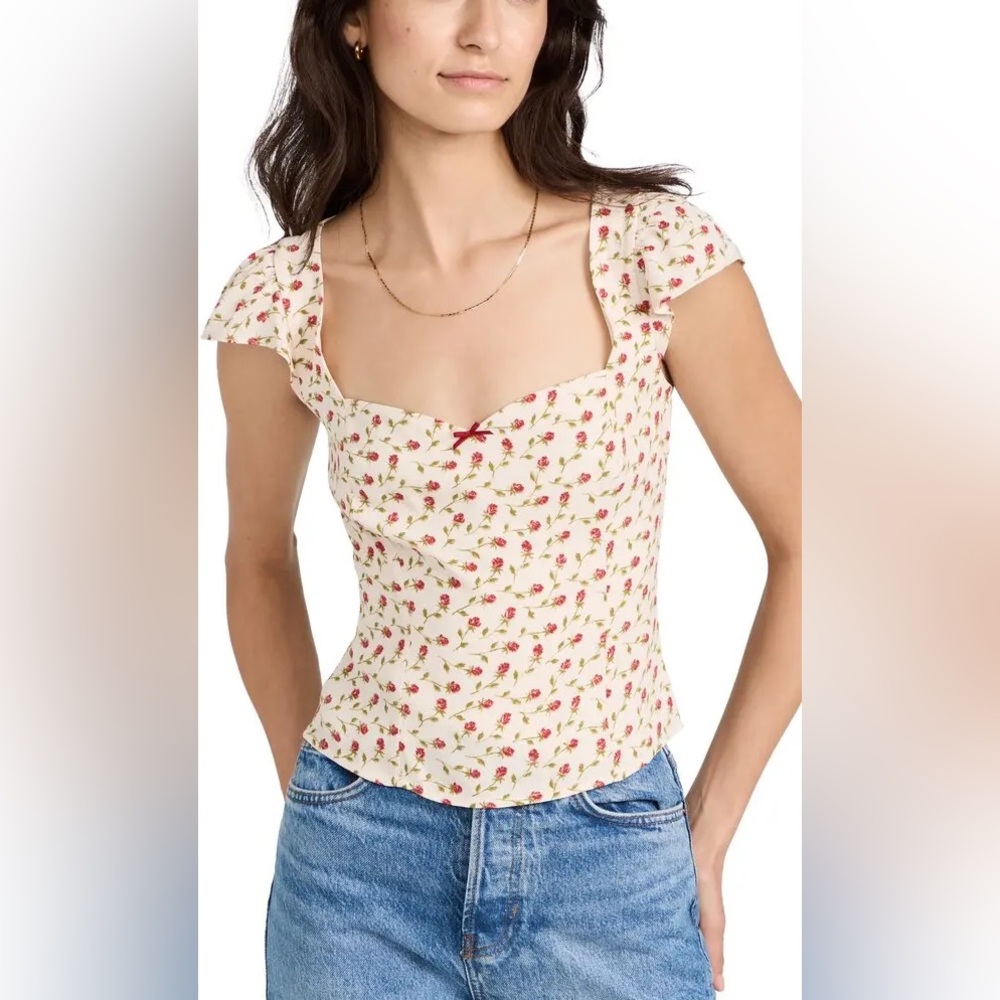 Reformation Cream Floral Blouse with Red Details